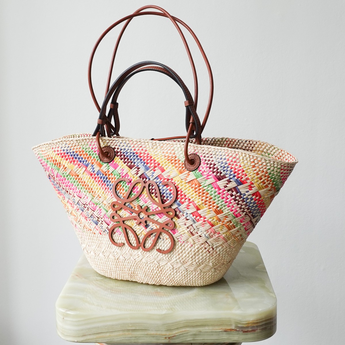 Loewe Small Rainbow Anagram Basket In Iraca Palm And Calfskin in
